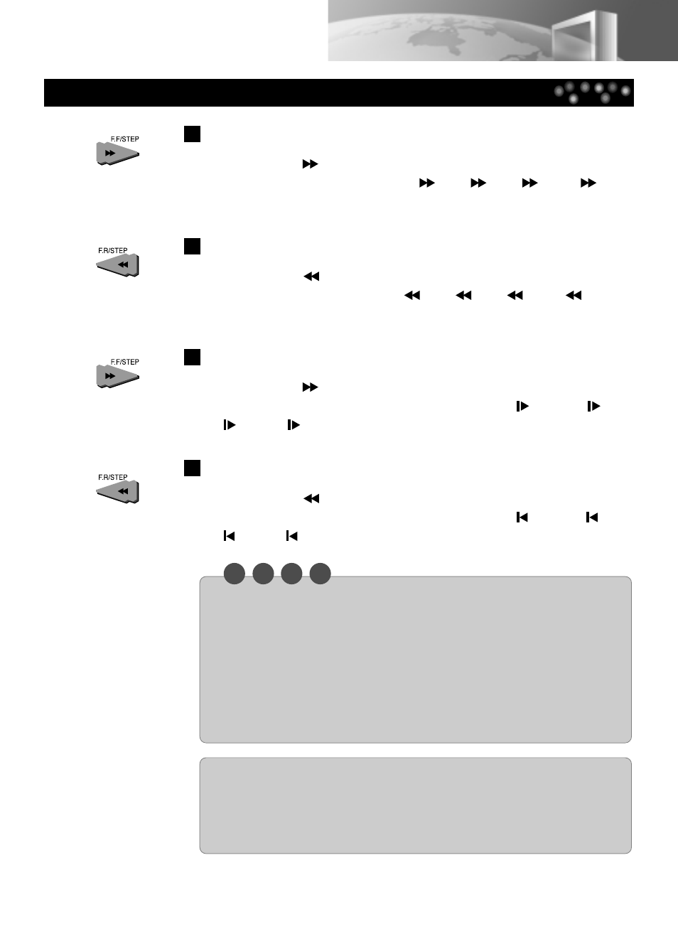 Search forward, Search back, Forward playback in slow-motion {dvd/vcd | Reverse playback in slow-motion {dvd/vcd | Daewoo DDQ-20L6SC User Manual | Page 29 / 59