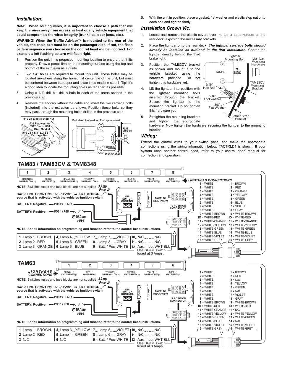 Installation, Installation crown vic, Wiring | Page 2 | Whelen TAM63 User Manual | Page 2 / 3