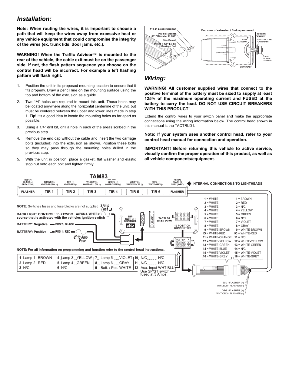 Installation, Wiring, Tam83 | Page 2, 3 amp fuse 10 amp fuse | Whelen TAM83AA User Manual | Page 2 / 3