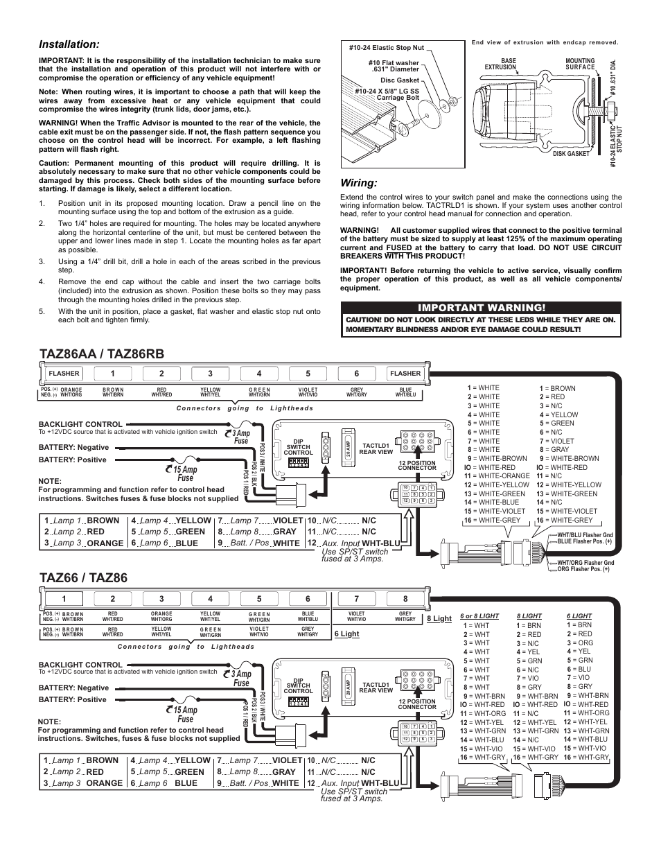 Installation, Wiring, Page 2 | Important warning | Whelen TAZ66 User Manual | Page 2 / 3