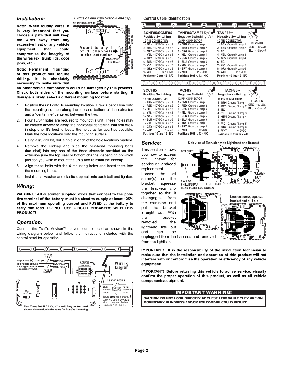 Service, Installation, Wiring | Operation, Control cable identification, Important warning, Page 2 | Whelen TANF65 User Manual | Page 2 / 4