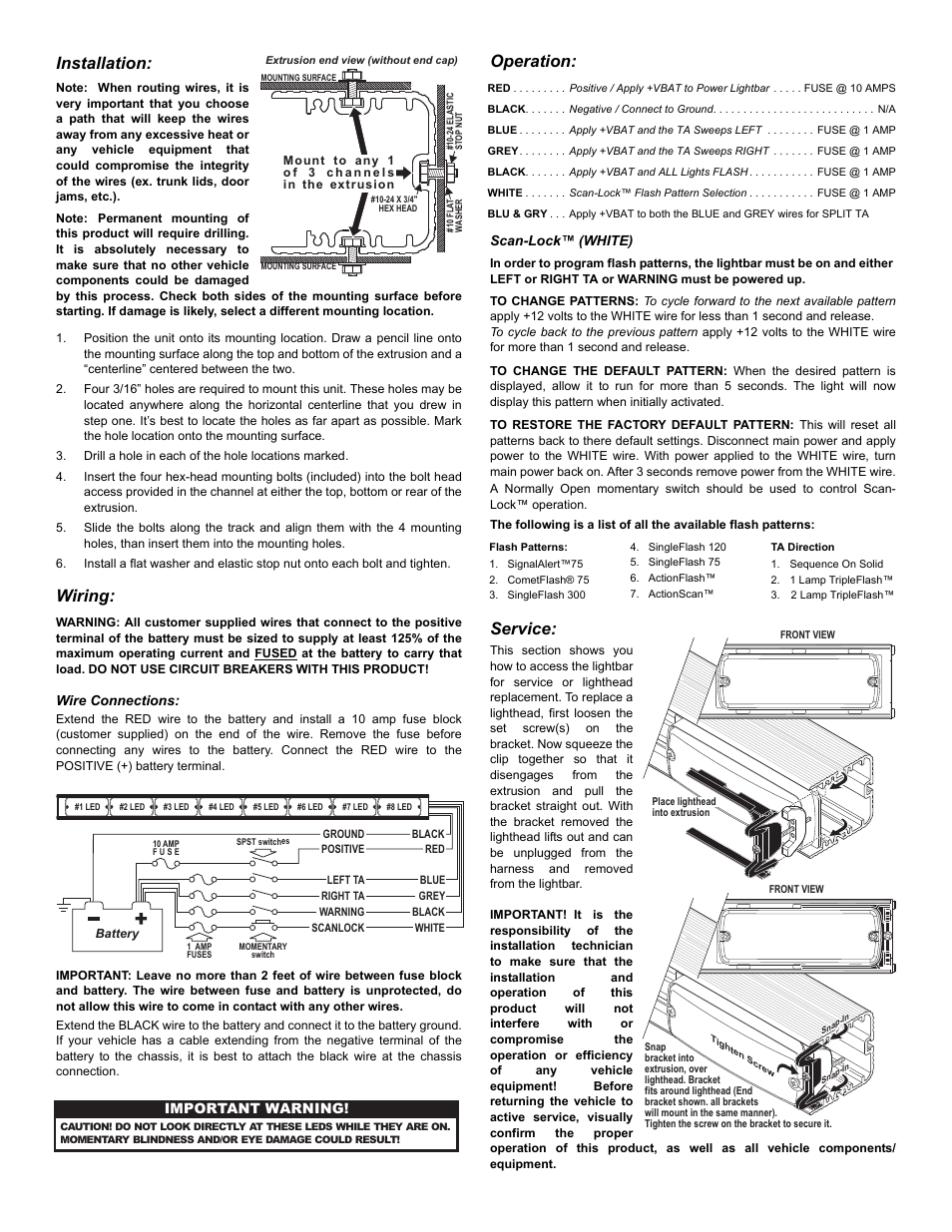 Installation, Wiring, Operation | Service | Whelen TADF6 User Manual | Page 2 / 3