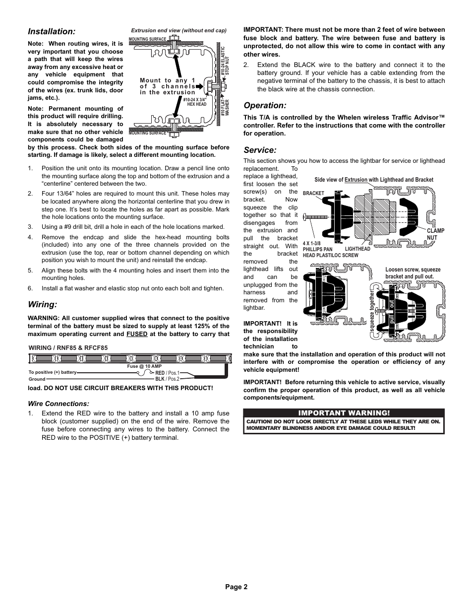 Installation, Wiring, Operation | Service | Whelen RFNF85 User Manual | Page 2 / 3