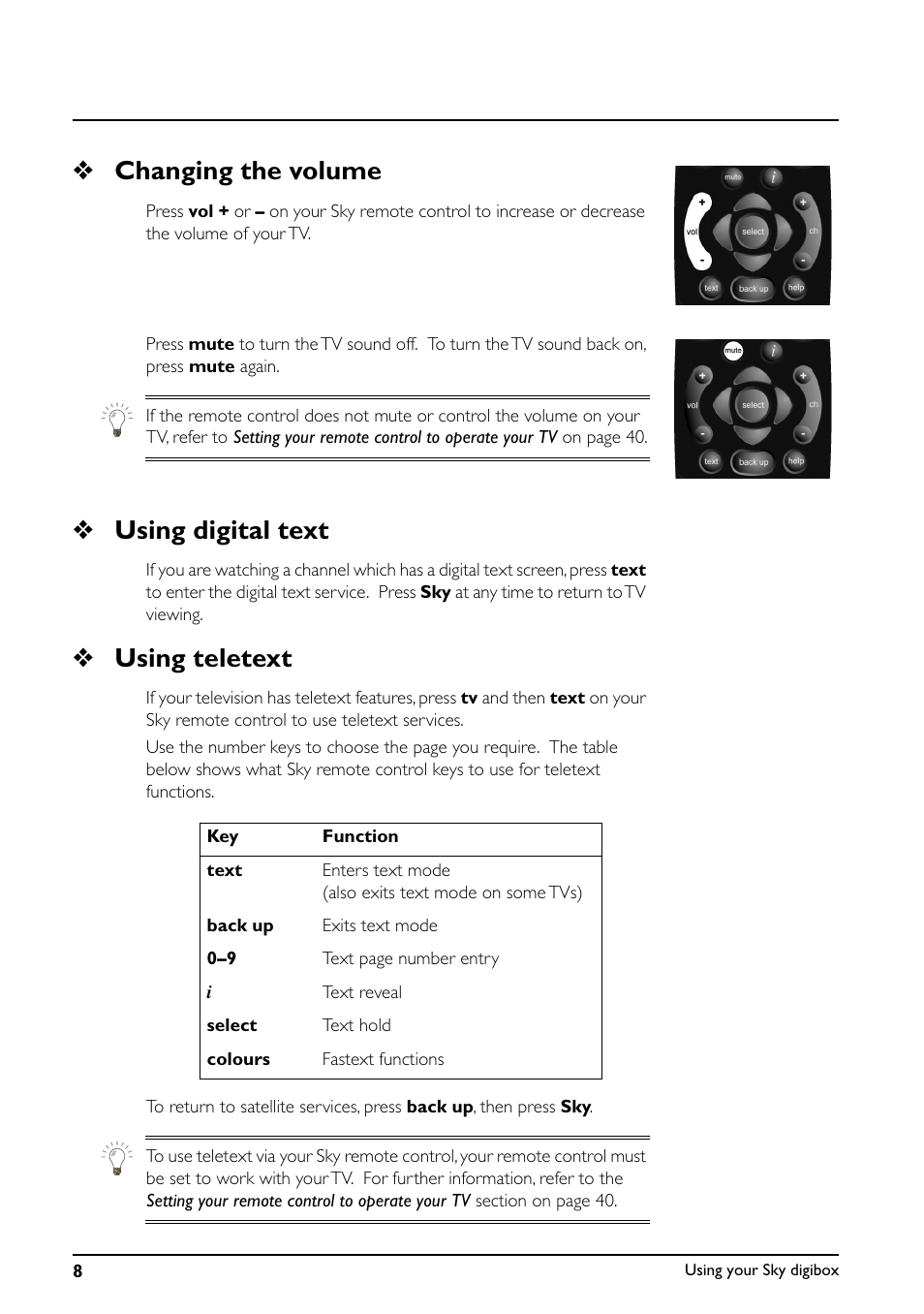 Changing the volume, Using digital text, Using teletext | Daewoo Sky digibox User Manual | Page 12 / 65