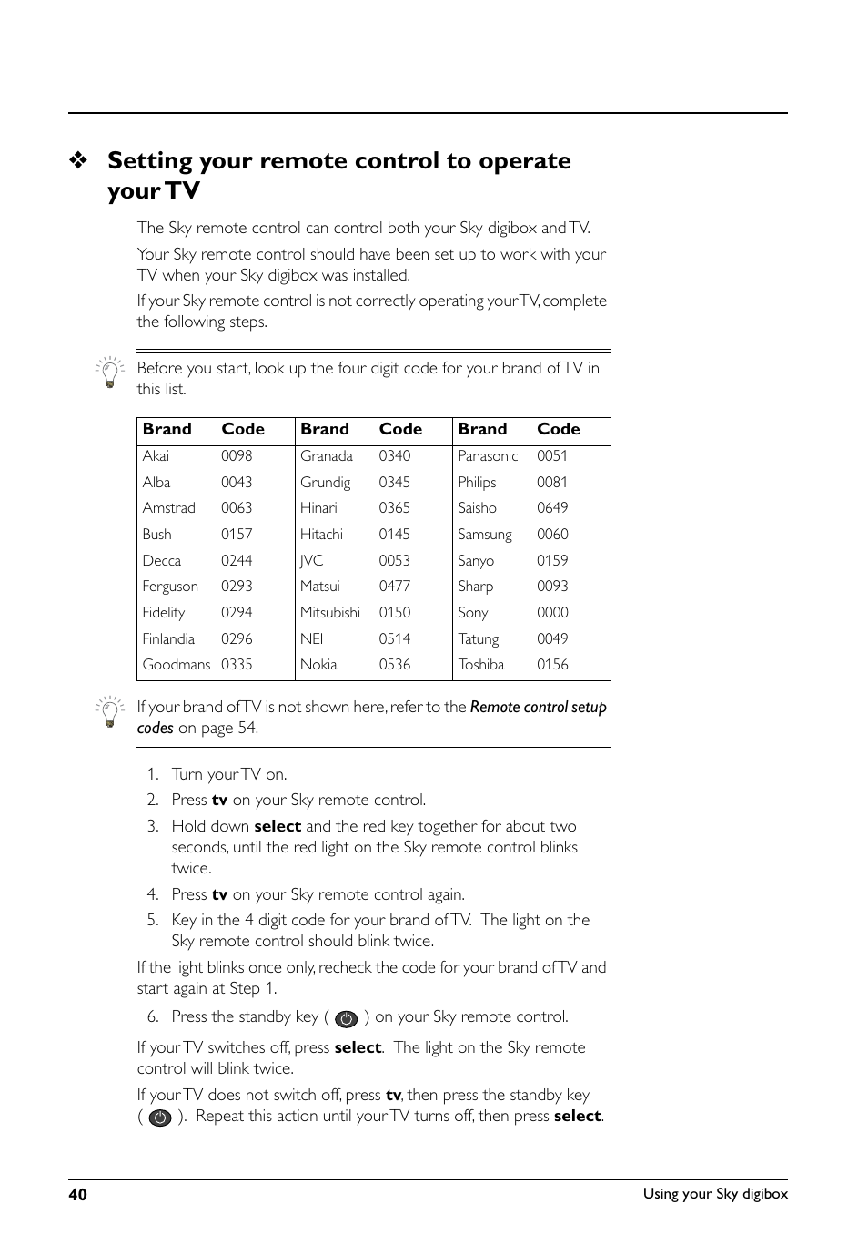 Setting your remote control to operate your tv | Daewoo Sky digibox User Manual | Page 44 / 65