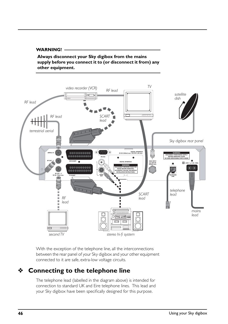 Connecting to the telephone line, Using your sky digibox | Daewoo Sky digibox User Manual | Page 50 / 65