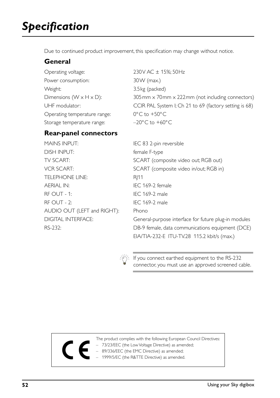 Specification, General, Rear-panel connectors | Daewoo Sky digibox User Manual | Page 56 / 65