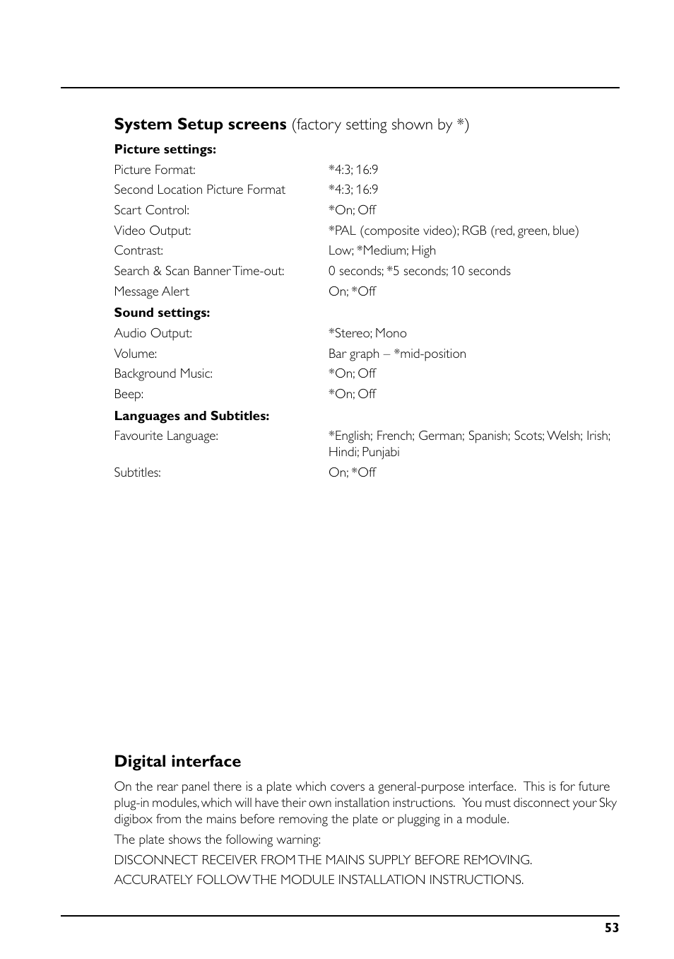 System setup screens, Digital interface | Daewoo Sky digibox User Manual | Page 57 / 65