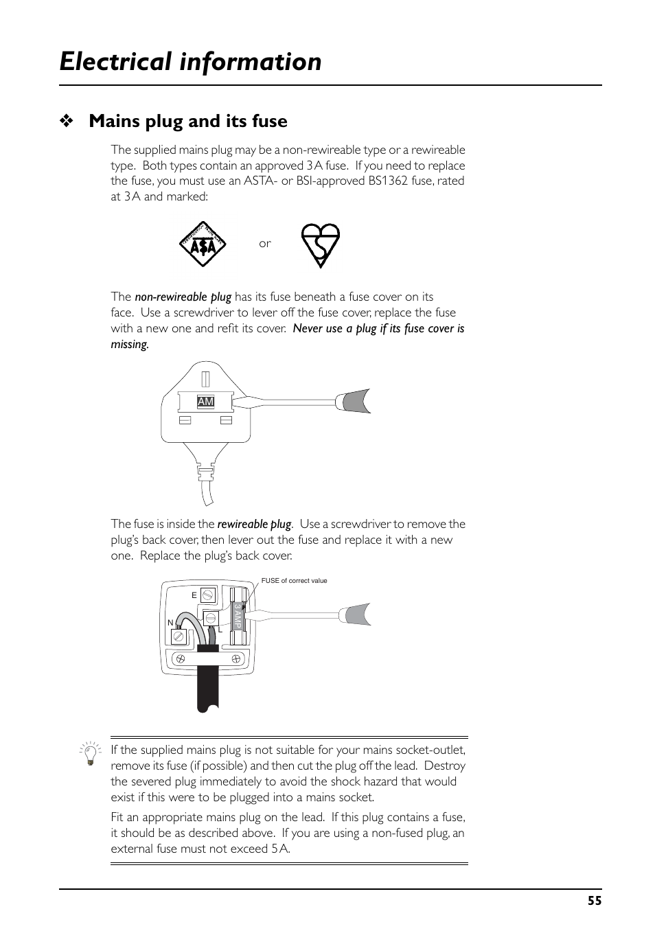 Electrical information, Mains plug and its fuse | Daewoo Sky digibox User Manual | Page 59 / 65