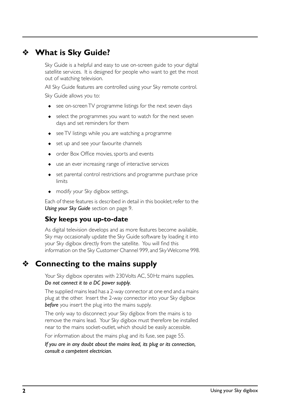 What is sky guide, Connecting to the mains supply, Sky keeps you up-to-date | Daewoo Sky digibox User Manual | Page 6 / 65