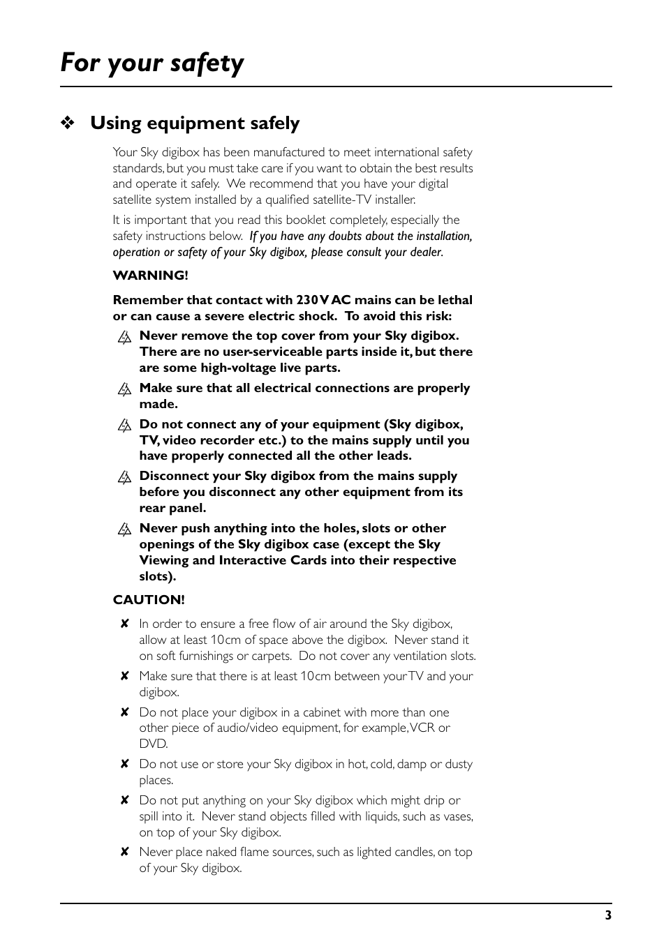 For your safety, Using equipment safely | Daewoo Sky digibox User Manual | Page 7 / 65