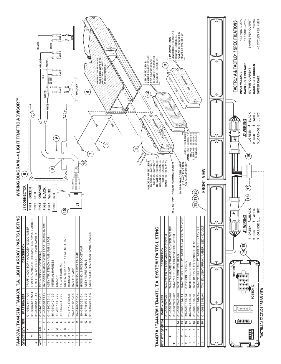 Front view ta ctrl1a & tactld1 /s pecifica tions, J2 wiring, J1 wiring | Whelen TA4437M User Manual | Page 3 / 3