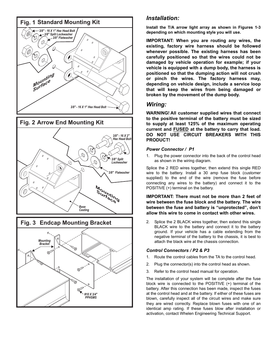 Fig. 3 endcap mounting bracket, Standard mounting kit fig. 1, Arrow end mounting kit fig. 2 | Installation, Wiring | Whelen TA1252L User Manual | Page 2 / 4