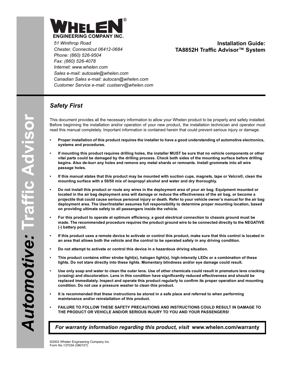 Whelen TA8852H User Manual | 4 pages