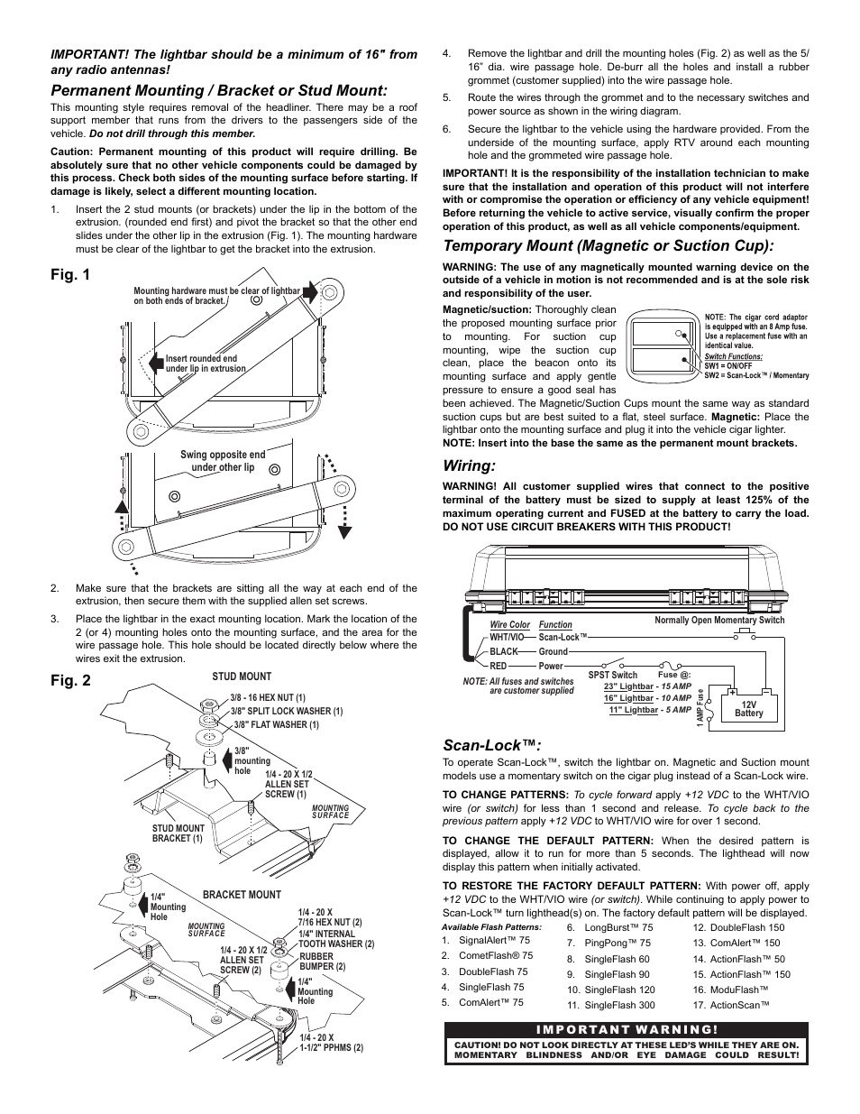 Permanent mounting / bracket or stud mount, Temporary mount (magnetic or suction cup), Wiring | Scan-lock, Fig. 1 fig. 2 | Whelen MC11PA User Manual | Page 2 / 5