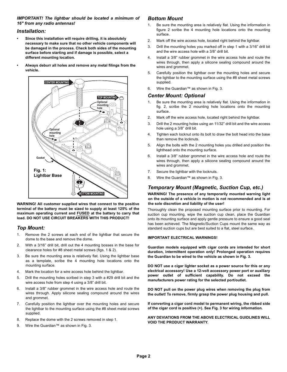 Installation, Bottom mount, Center mount: optional | Temporary mount (magnetic, suction cup, etc.), Top mount | Whelen G1PA User Manual | Page 2 / 3