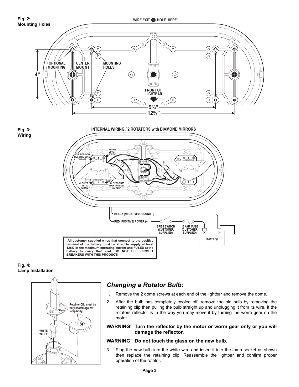 Changing a rotator bulb, Page 3, Internal wiring / 2 rotators with diamond mirrors | Fig. 4: lamp installation | Whelen G1PA User Manual | Page 3 / 3