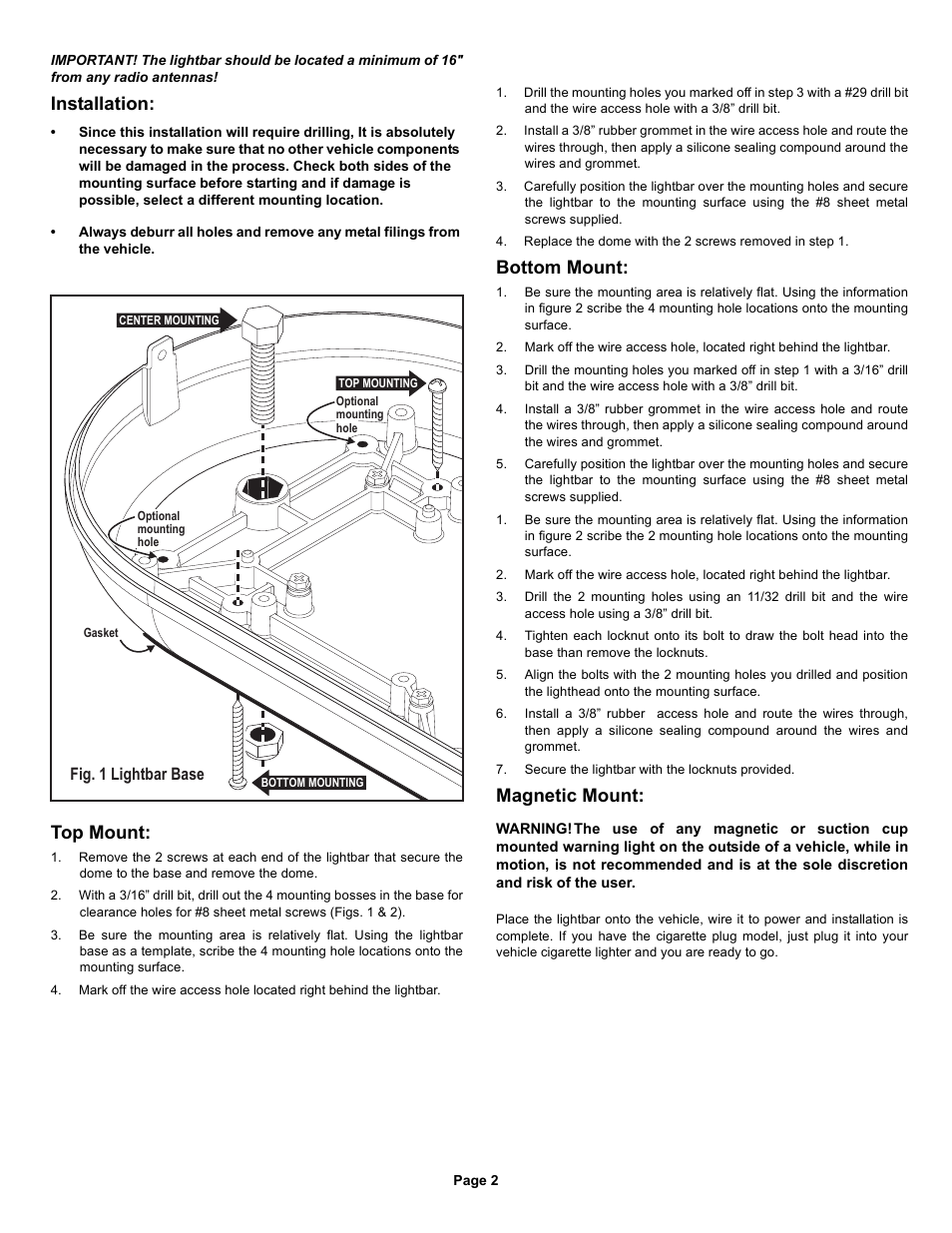 Installation, Top mount, Bottom mount | Magnetic mount, Fig. 1 lightbar base | Whelen G7PA User Manual | Page 2 / 4