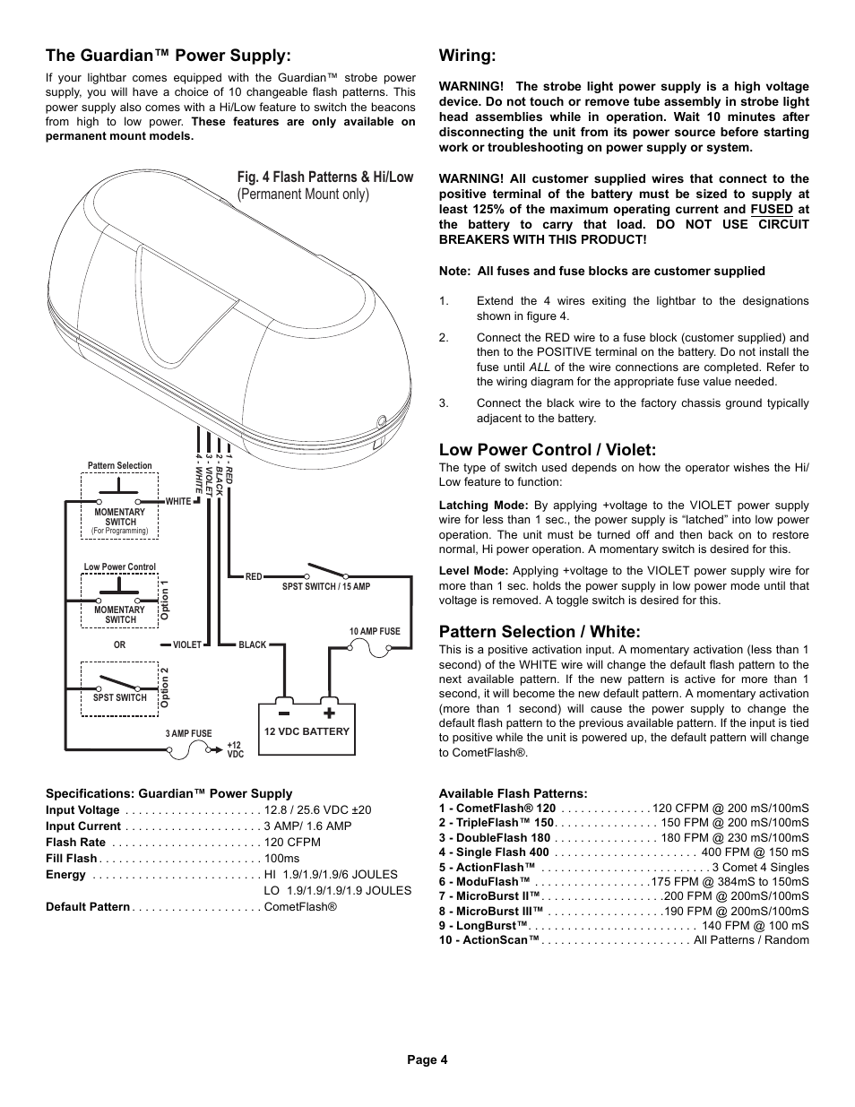 The guardian™ power supply, Wiring, Low power control / violet | Pattern selection / white | Whelen G7PA User Manual | Page 4 / 4