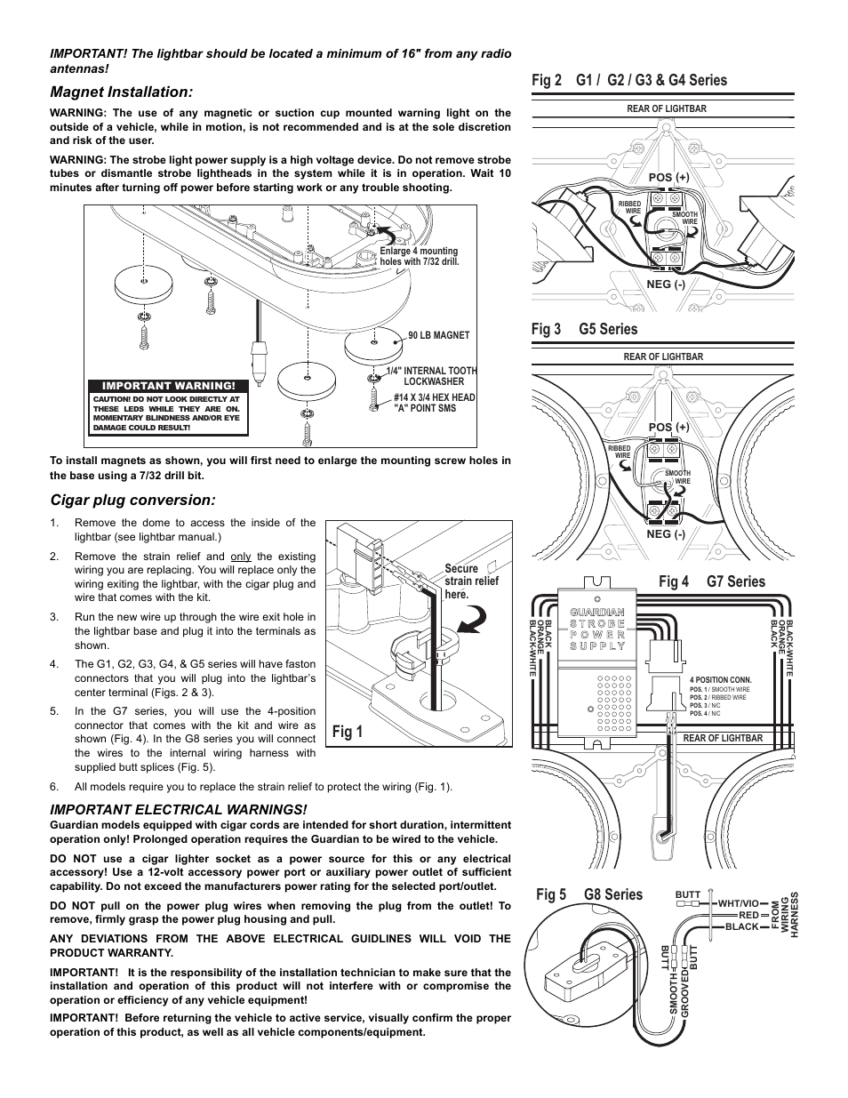 Fig 4 g7 series, Fig 5 g8 series, Fig 1 | Magnet installation, Cigar plug conversion, Important electrical warnings | Whelen G1MM90 User Manual | Page 2 / 2