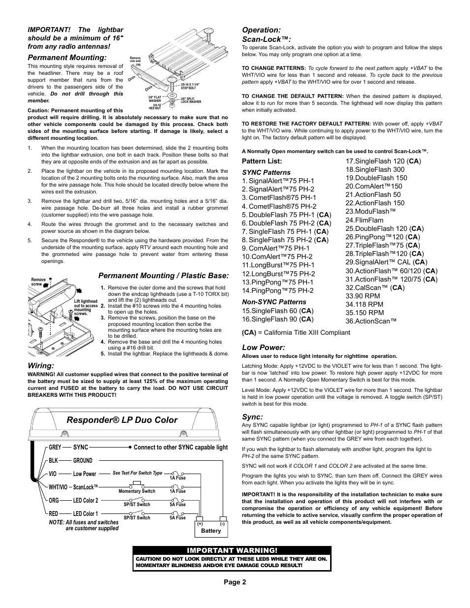 Responder® lp duo color, Permanent mounting / plastic base, Permanent mounting | Wiring, Operation: scan-lock, Low power, Sync, Page 2, Important warning | Whelen RDLPPAB User Manual | Page 2 / 2