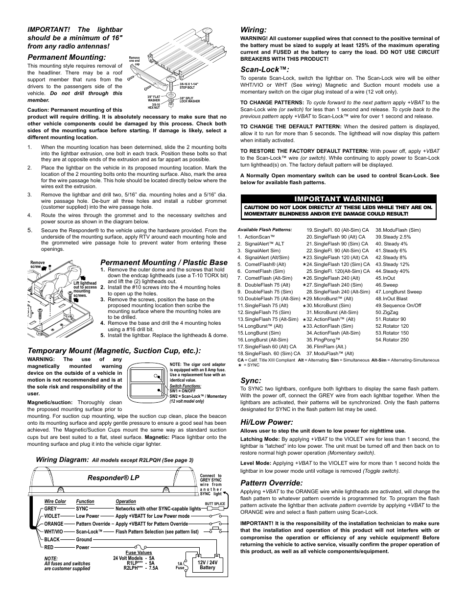 Permanent mounting, Wiring, Scan-lock | Sync, Hi/low power, Pattern override, Permanent mounting / plastic base, Temporary mount (magnetic, suction cup, etc.), Page 2, Important warning | Whelen R1LPPA User Manual | Page 2 / 7