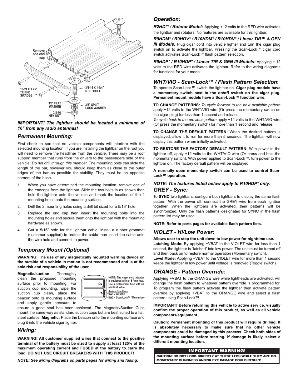 Permanent mounting, Temporary mount (optional), Wiring | Operation, Wht/vio - scan-lock™ / flash pattern selection, Grey - sync, Violet - hi/low power, Orange - pattern override | Whelen R2HDPA User Manual | Page 2 / 6