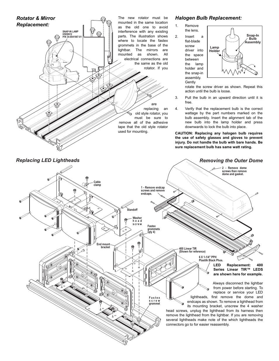 Replacing led lightheads removing the outer dome, Halogen bulb replacement, Rotator & mirror replacement | Whelen R2HDPA User Manual | Page 3 / 6