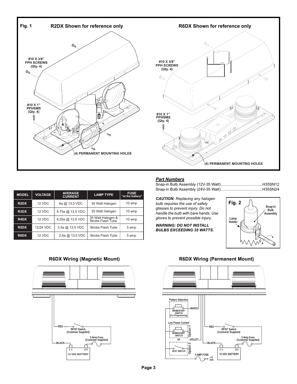 Fig. 2, Page 3, Part numbers | Fig. 1 | Whelen R6DXPA User Manual | Page 3 / 3