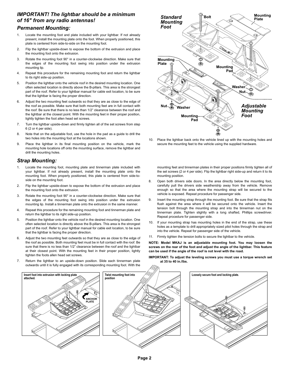 Strap mounting, Adjustable mounting foot, Standard mounting foot | Whelen LT2AAAAP User Manual | Page 2 / 5