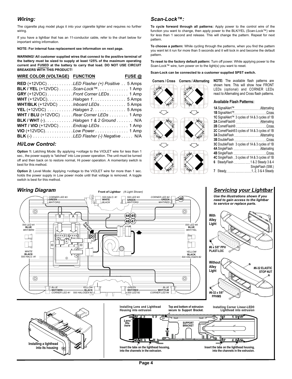 Servicin our li htbar g y g, Wiring diagram, Wiring | Scan-lock, Hi/low control, Page 4, Available flash patterns | Whelen LT2AAAAP User Manual | Page 4 / 5