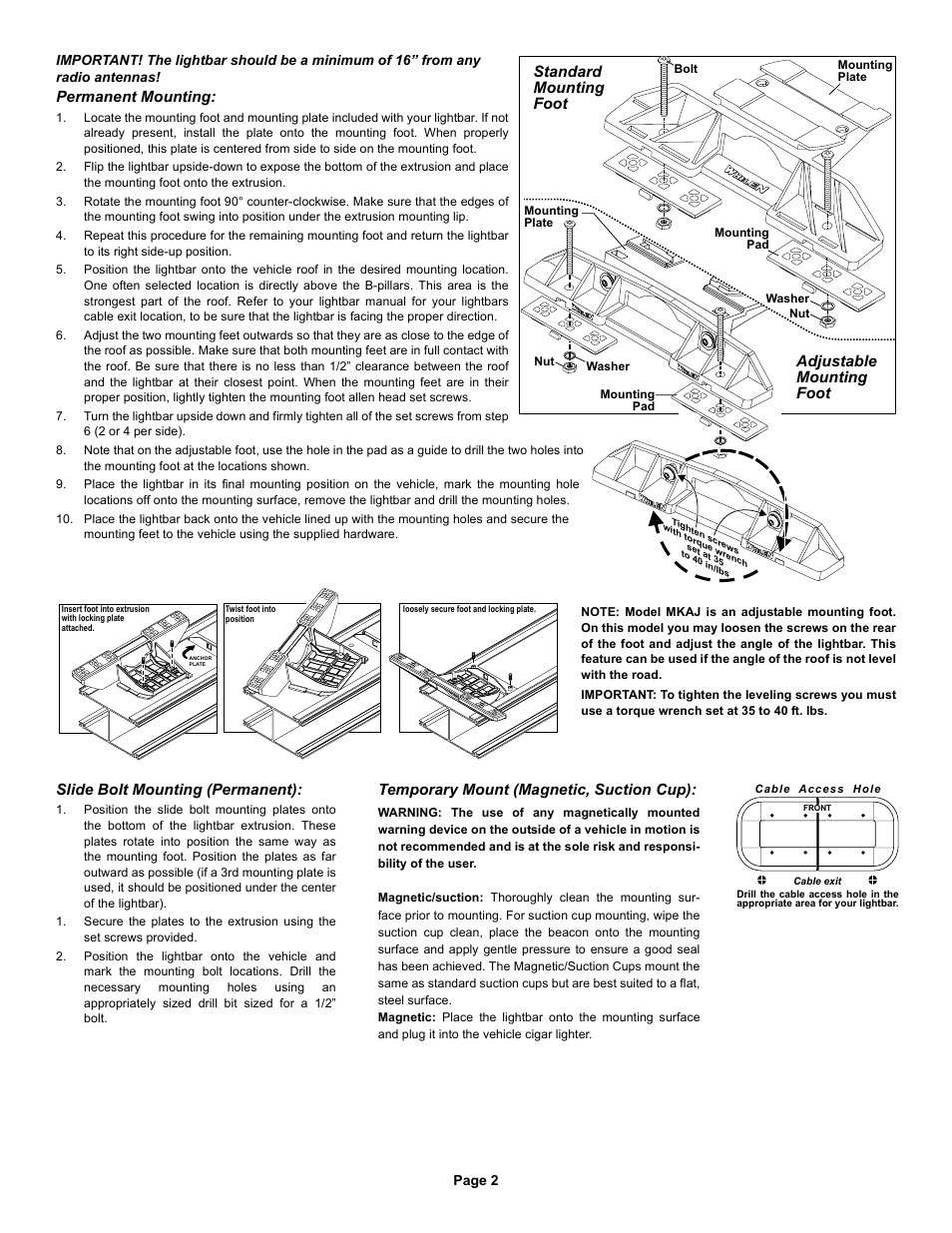 Adjustable mounting foot, Standard mounting foot, Permanent mounting | Slide bolt mounting (permanent), Temporary mount (magnetic, suction cup) | Whelen MJYAAAAP User Manual | Page 2 / 4