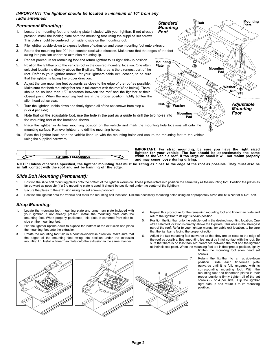 Adjustable mounting foot, Standard mounting foot, Permanent mounting | Strap mounting, Slide bolt mounting (permanent) | Whelen DI2S800 User Manual | Page 2 / 10