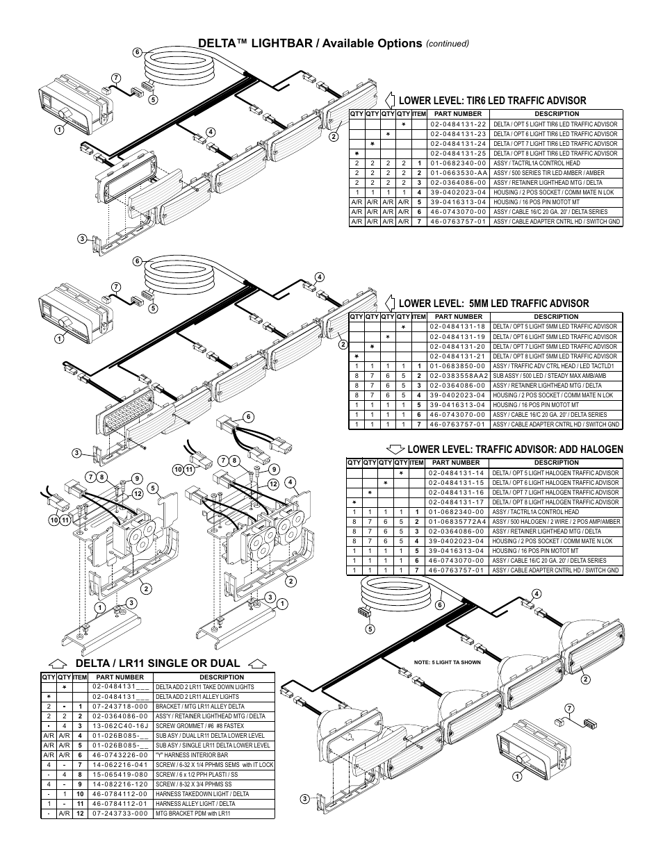 Delta™ lightbar / available options, Lower level: traffic advisor: add halogen, Delta / lr11 single or dual | Page 7 | Whelen DI2S800 User Manual | Page 7 / 10