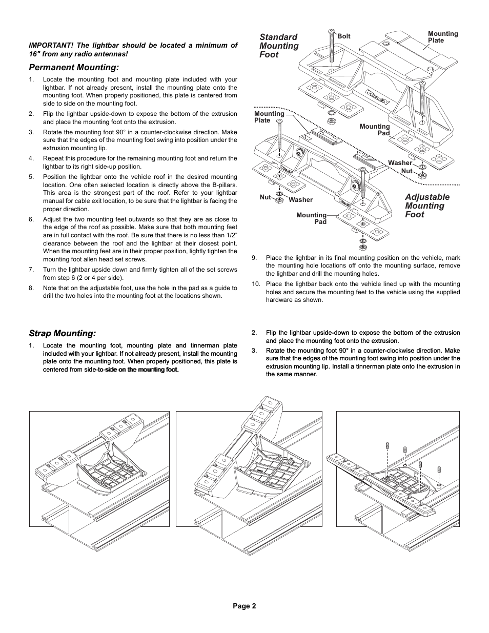 Strap mounting, Adjustable mounting foot, Standard mounting foot | Permanent mounting | Whelen FN55VLED User Manual | Page 2 / 6