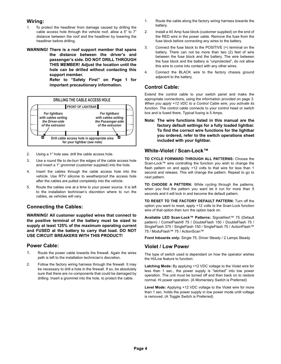 Wiring, Connecting the cables, Power cable | Control cable, White-violet / scan-lock, Violet / low power | Whelen FN55VLED User Manual | Page 4 / 6