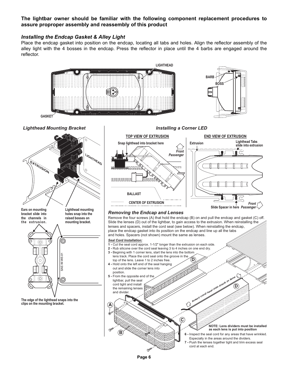 Lighthead mounting bracket, Removing the endcap and lenses, Installing a corner led | Whelen FN55VLED User Manual | Page 6 / 6