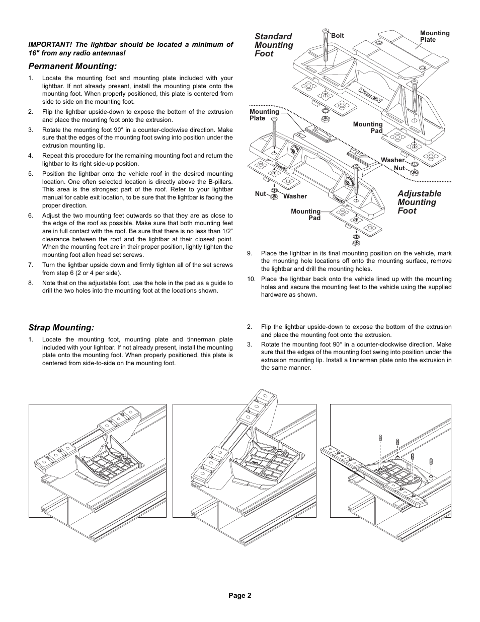 Strap mounting, Adjustable mounting foot, Standard mounting foot | Permanent mounting | Whelen FNMINI User Manual | Page 2 / 6