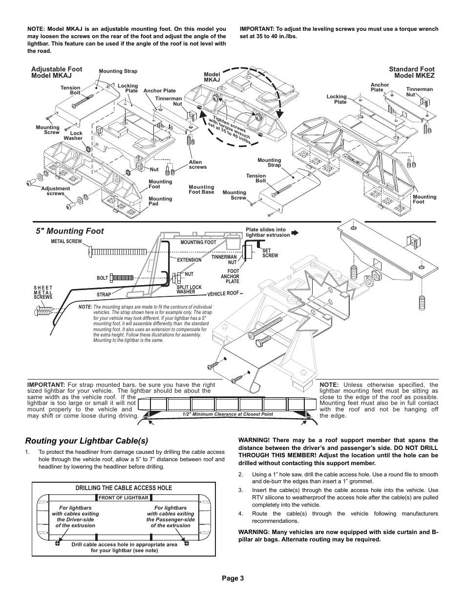 Routing your lightbar cable(s), 5" mounting foot, Page 3 | Whelen SLN2VLED User Manual | Page 3 / 9