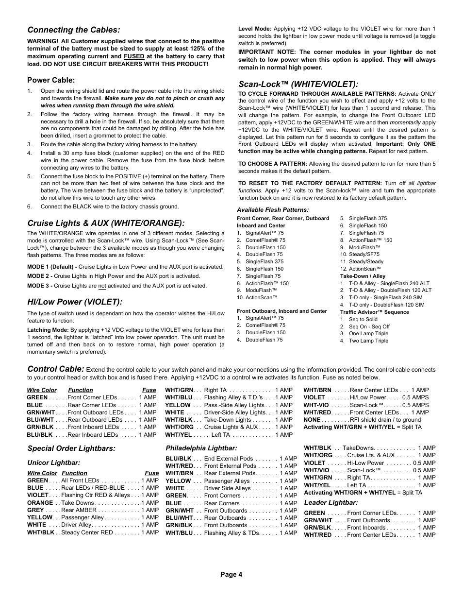 Control cable, Scan-lock™ (white/violet), Connecting the cables | Cruise lights & aux (white/orange), Hi/low power (violet) | Whelen SLN2VLED User Manual | Page 4 / 9