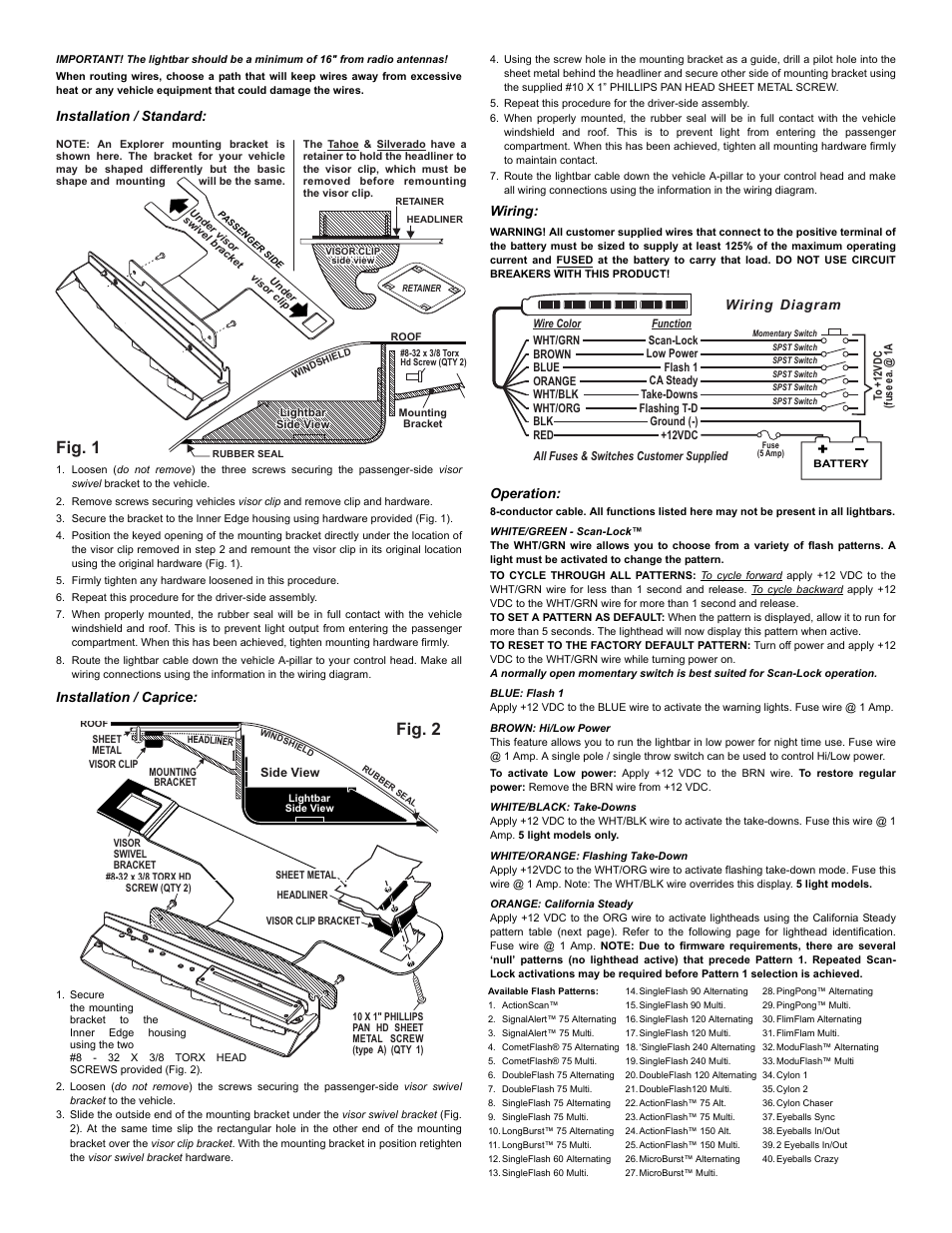 Fig. 2, Fig. 1, Page 2 | Installation / standard, Installation / caprice, Wiring, Operation, Wiring diagram | Whelen IX37UF5P User Manual | Page 2 / 4