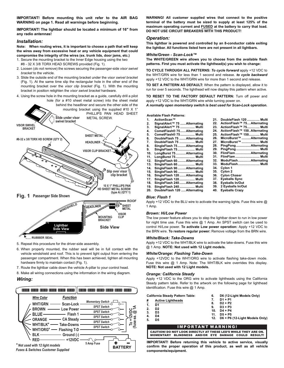 Fig. 1, Installation, Wiring | Operation, Blue | Whelen IX37UFZ User Manual | Page 2 / 3