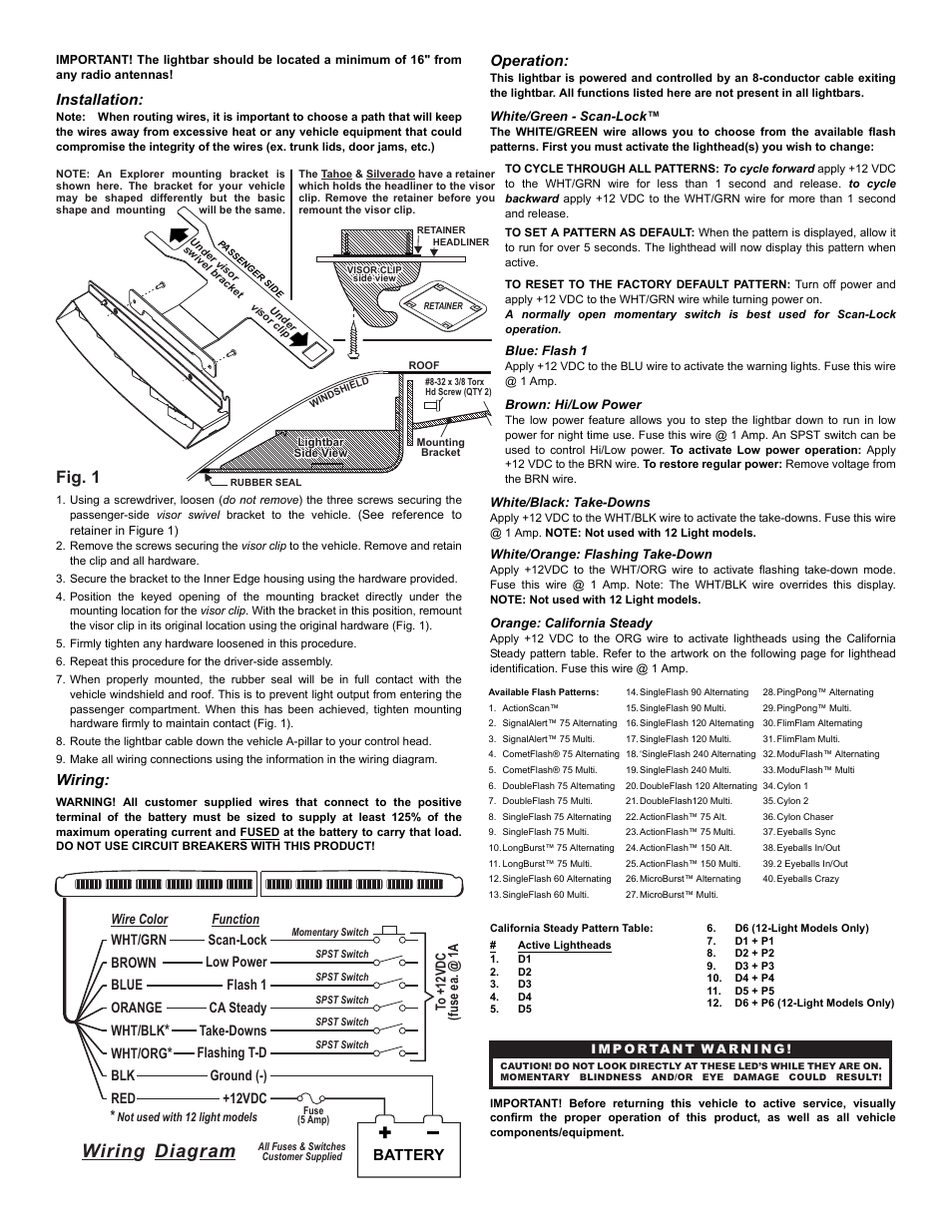 Wirin dia ram g g, Fig. 1, Installation | Wiring, Operation, Battery | Whelen IX13UFZ User Manual | Page 2 / 4