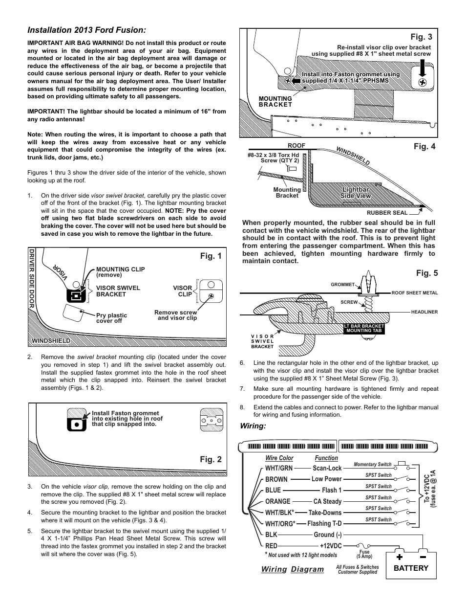 Fig. 1, Installation 2013 ford fusion, Fig. 2 fig. 4 | Fig. 5, Fig. 3 | Whelen IX43UFX User Manual | Page 2 / 3