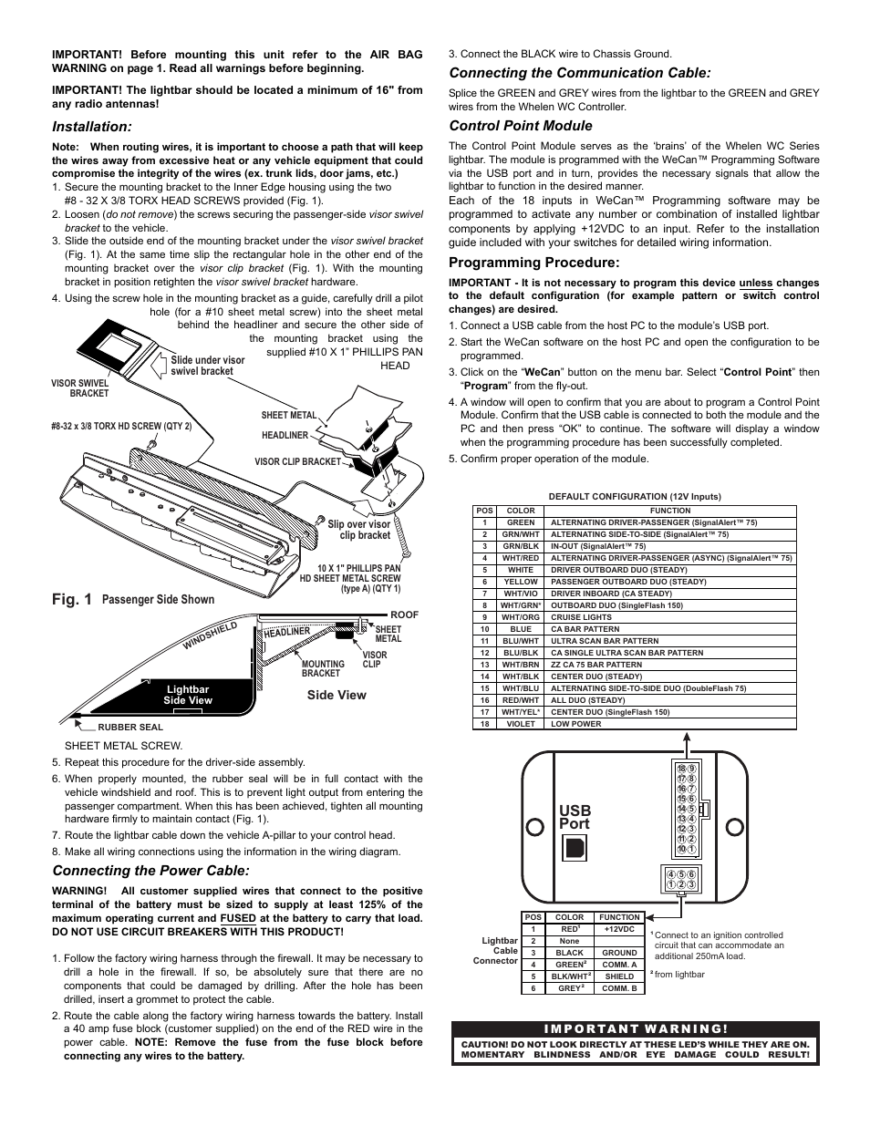 Fig. 1, Usb port, Installation | Connecting the power cable, Connecting the communication cable, Control point module, Programming procedure, Page 2, Passenger side shown, Side view | Whelen IW37UF6P User Manual | Page 2 / 3