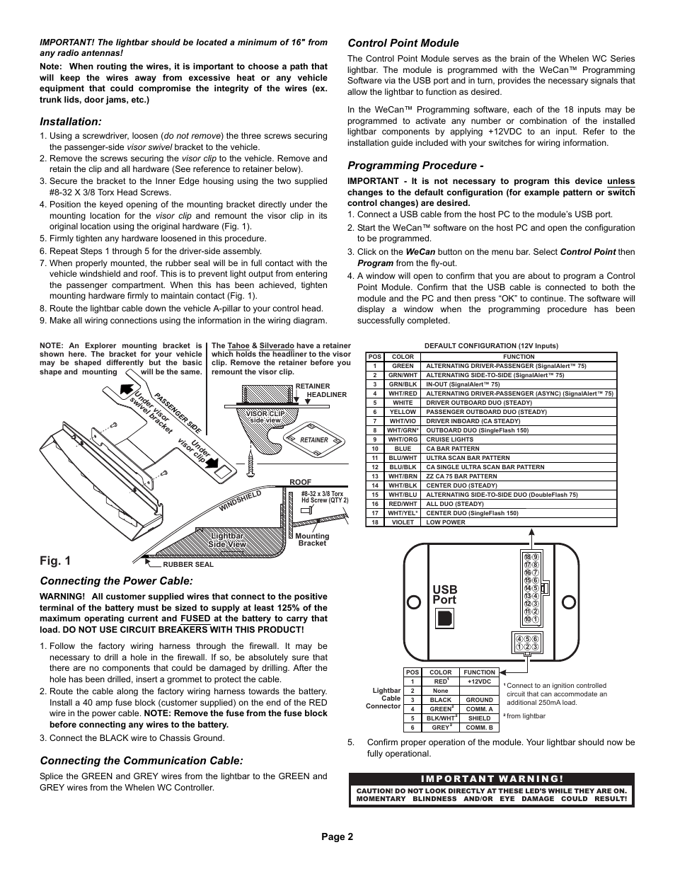 Fig. 1, Usb port, Installation | Connecting the power cable, Connecting the communication cable, Control point module, Programming procedure, Page 2 | Whelen IW13UF6P User Manual | Page 2 / 3