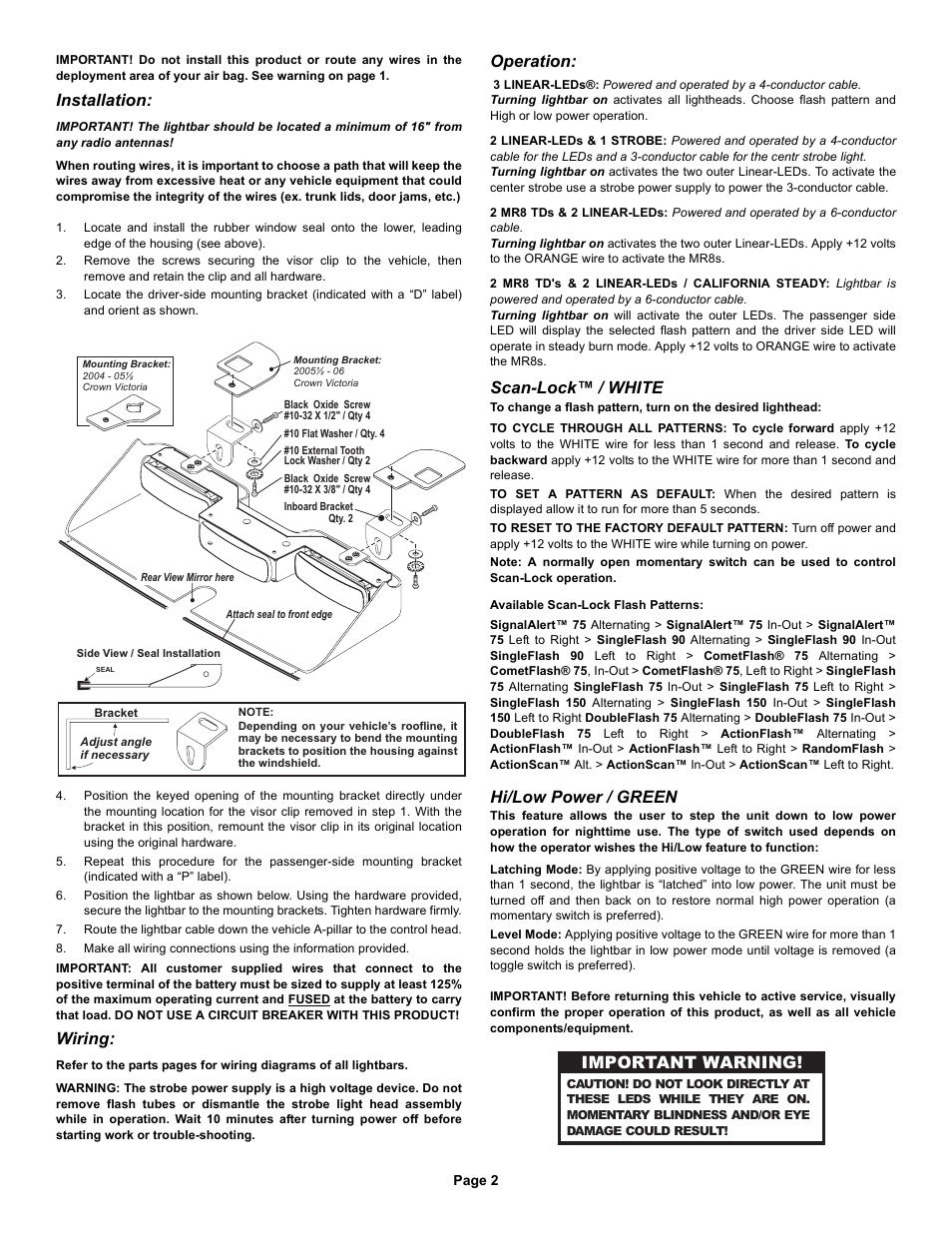 Important warning, Installation, Wiring | Operation, Scan-lock™ / white, Hi/low power / green | Whelen I02UFAAA User Manual | Page 2 / 5