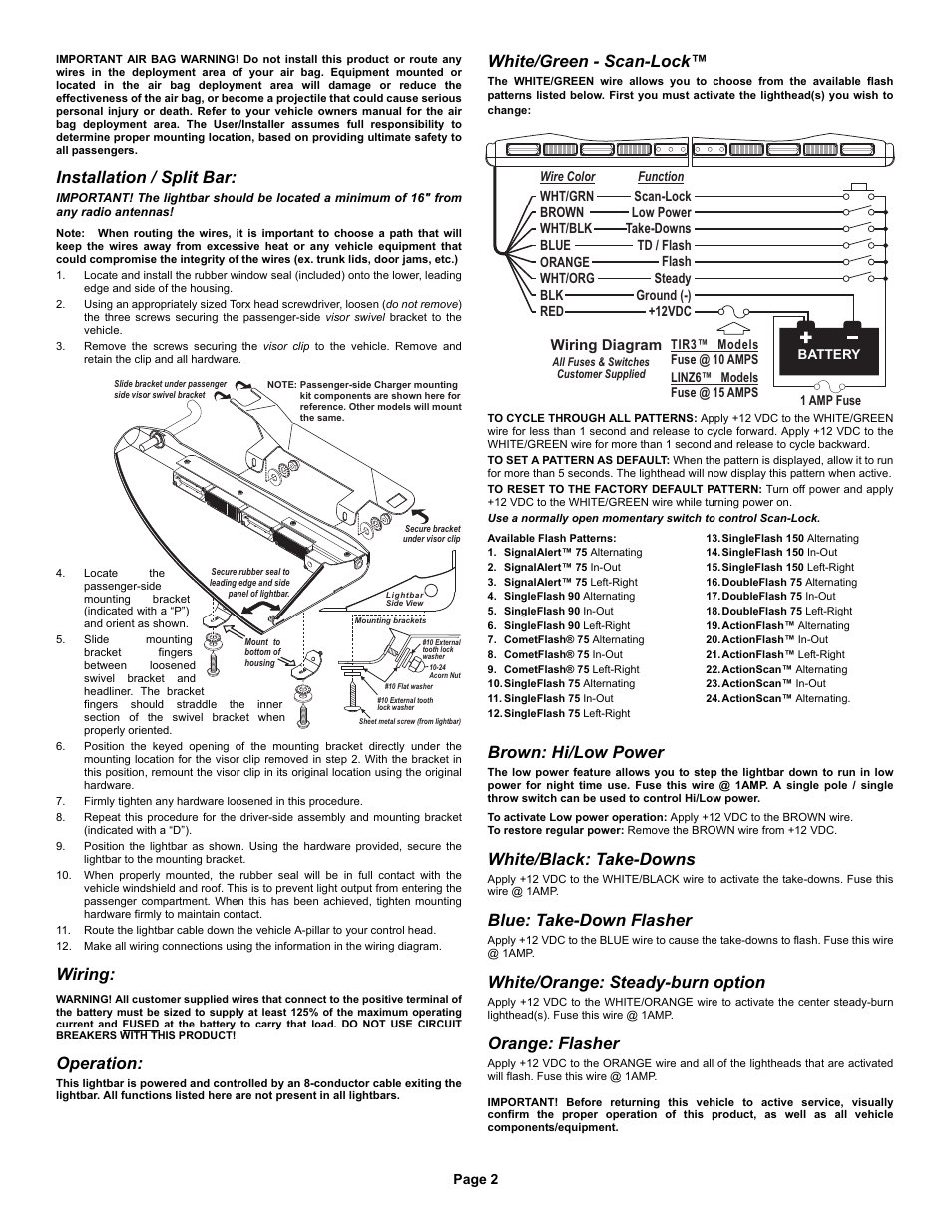 Installation / split bar, Wiring, Operation | White/green - scan-lock, Brown: hi/low power, White/black: take-downs, Blue: take-down flasher, White/orange: steady-burn option, Orange: flasher, Wiring diagram | Whelen I06UF4P User Manual | Page 2 / 5