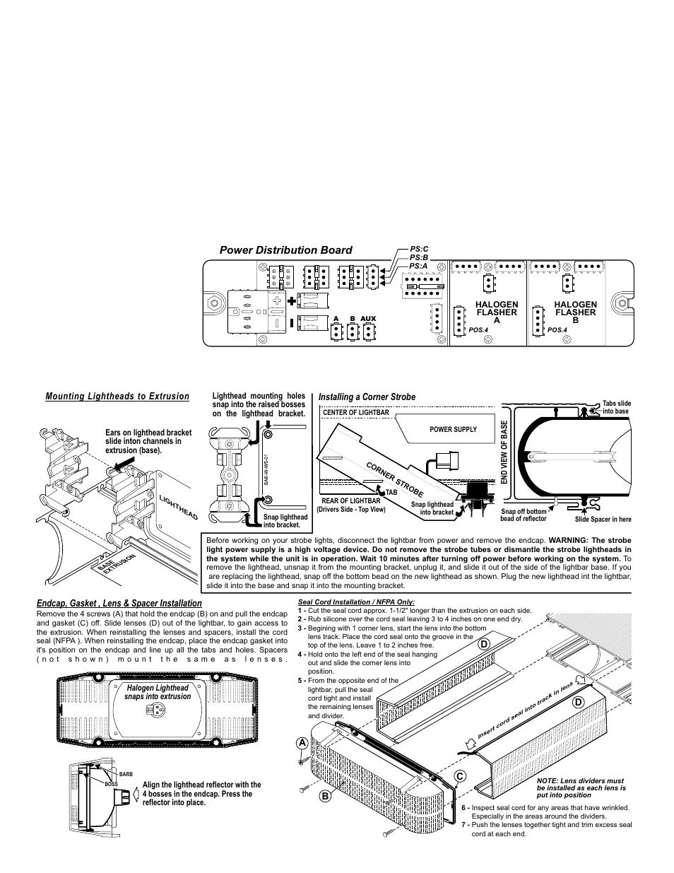 Changing flash patterns without a scan-lock™ cable, Power distribution board, Page 5 | Installing a corner strobe, Mounting lightheads to extrusion, Endcap, gasket , lens & spacer installation | Whelen 9M144000 User Manual | Page 5 / 6