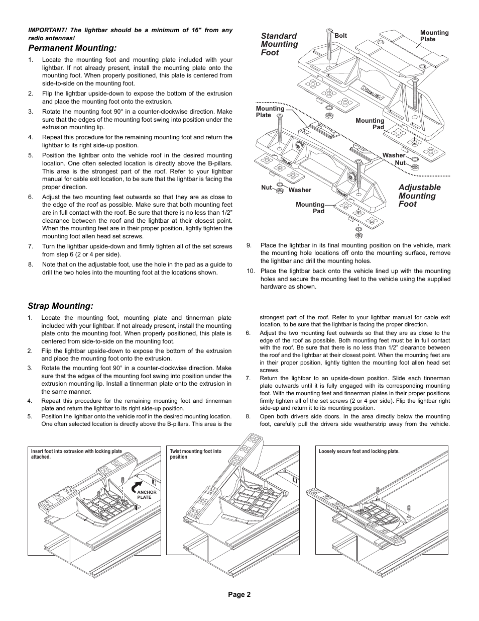 Permanent mounting, Strap mounting, Adjustable mounting foot | Standard mounting foot | Whelen FW4AAAA User Manual | Page 2 / 9